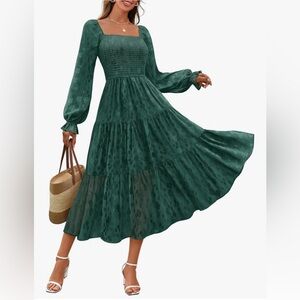 MEROKEETY Green Fall Long Sleeve Floral Midi Dress Smocked Pockets NWT Size L